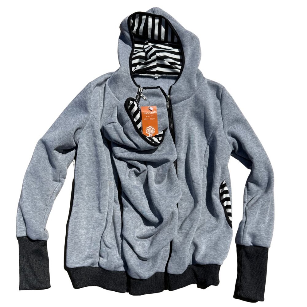 Nanaki Heather Gray Striped Hoodie – Size XL– Ideal for Nursing Moms NWT